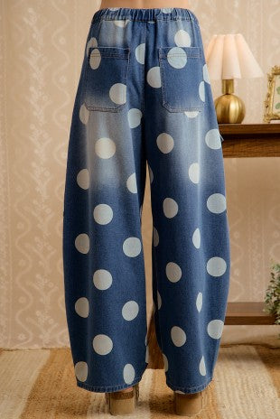 Washed Polka Dot Denim Barrel Pants With Cargo Pockets
