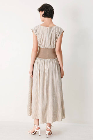 A striped woven midi dress featuring wide neckline, cap sleeve, wide ribbed knit waist, full skirt and back zipper closure