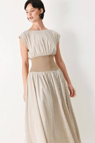 A striped woven midi dress featuring wide neckline, cap sleeve, wide ribbed knit waist, full skirt and back zipper closure