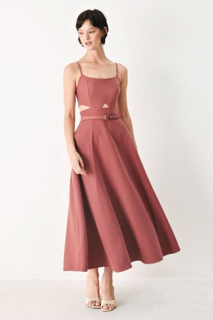 A solid woven midi dress featuring cam top, cut out at waistline, self belt, circle skirt and back zipper closure
