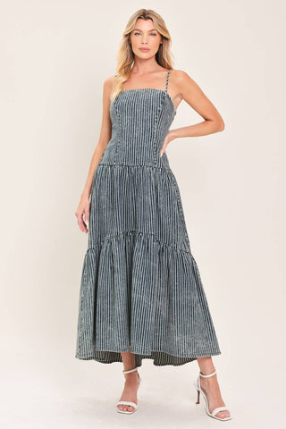 A striped washed denim midi dress