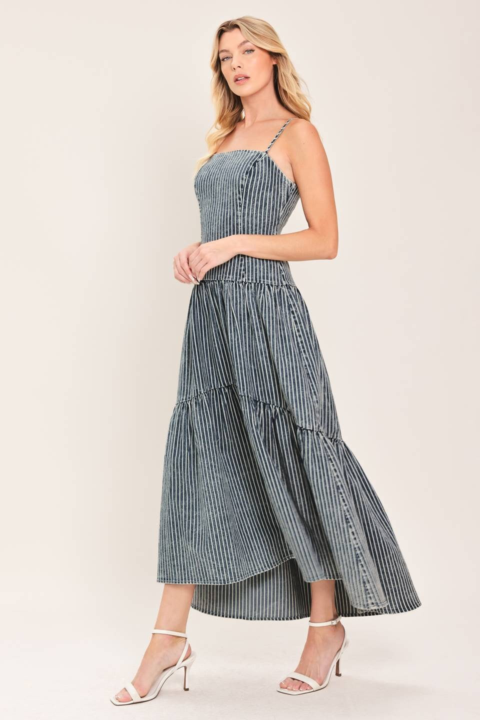A striped washed denim midi dress