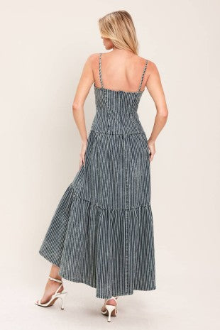 A striped washed denim midi dress