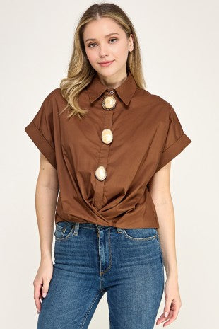 Large Gemstone Button Detail Front Twist Hem Shirt