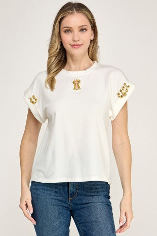 Short Slv Keyhole N eyelet Hardware Detail Crewneck T Shirt