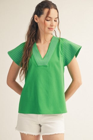 Stitch Detail Solid Crinkled V Neck Top