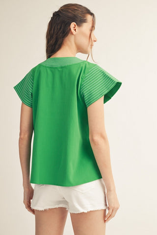 Stitch Detail Solid Crinkled V Neck Top
