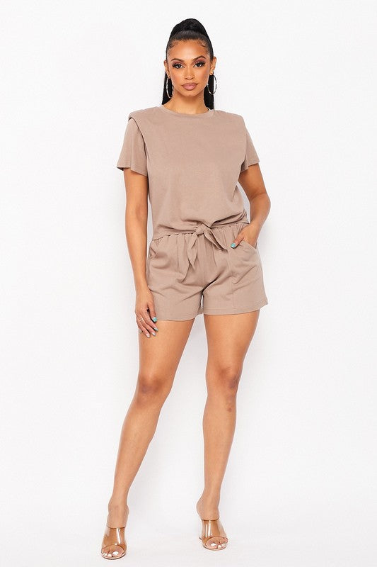 SHORT SLEEVE TIE CROP TOP WITH SHORTS SET