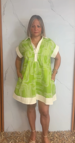 Geometric print cap sleeve mini dress featuring contrast collar and button placket at split V-neck
