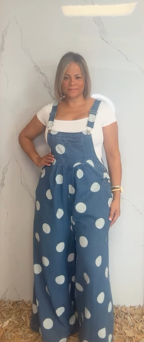 Washed Polka Dot Denim Front Pocket Overall