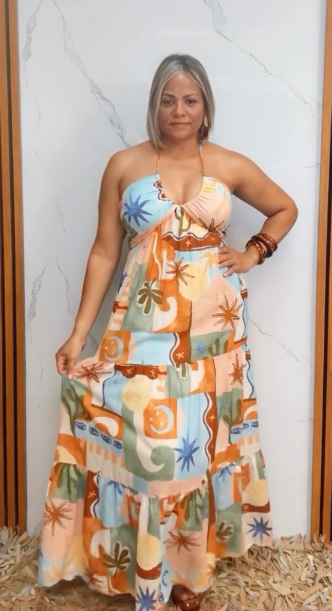 Printed Halter Tie Maxi Dress