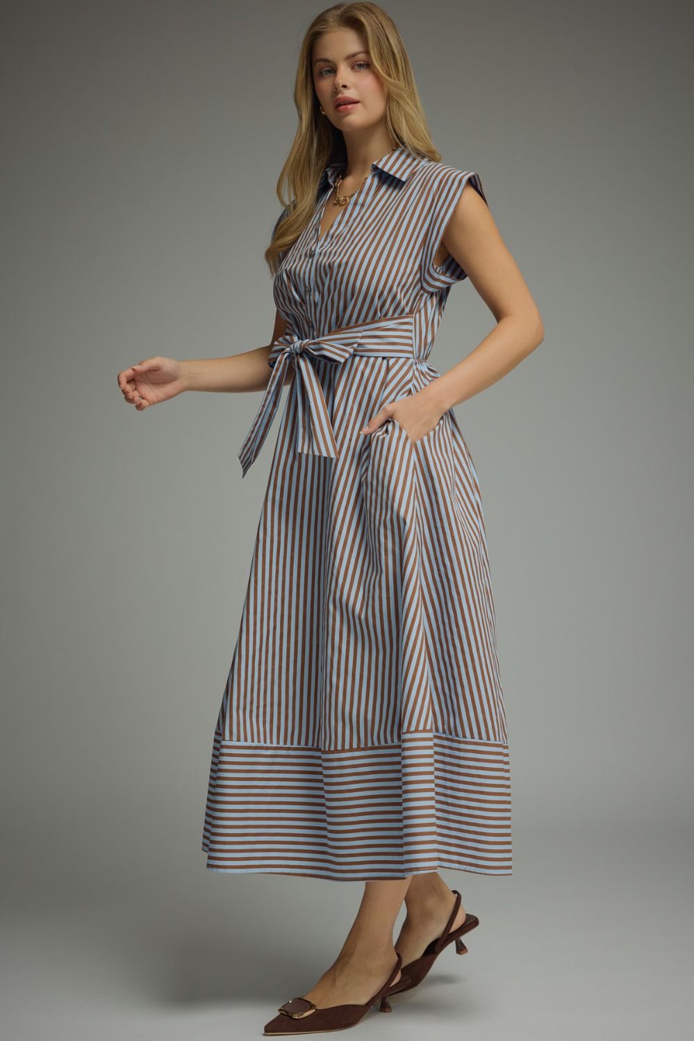 Striped cap sleeve midi dress
