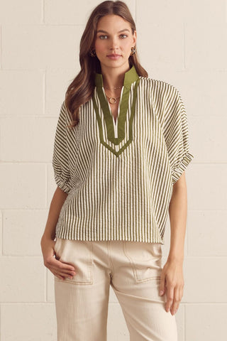Striped split neck short dolman sleeve top.