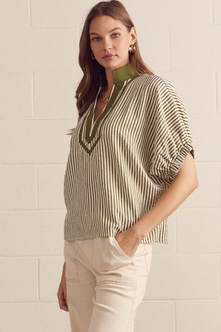 Striped split neck short dolman sleeve top.