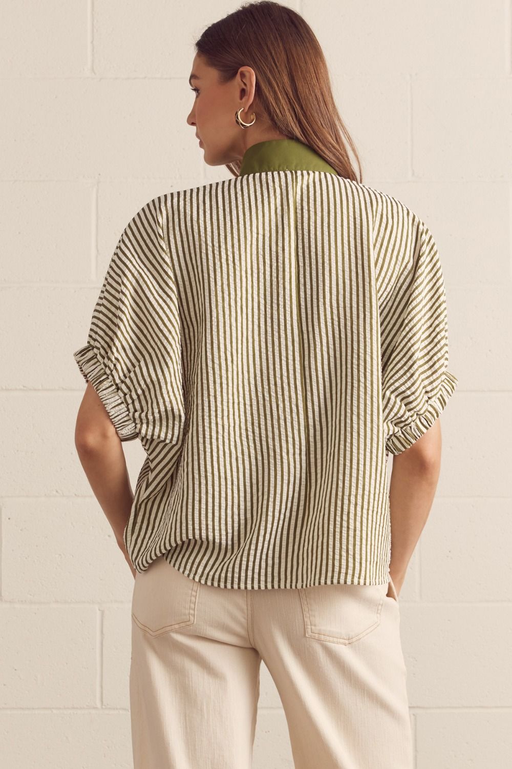 Striped split neck short dolman sleeve top.