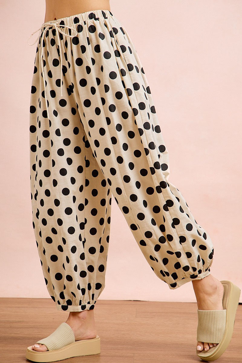 Polka Dot Printed Woven Elastic Waist Balloon Pants