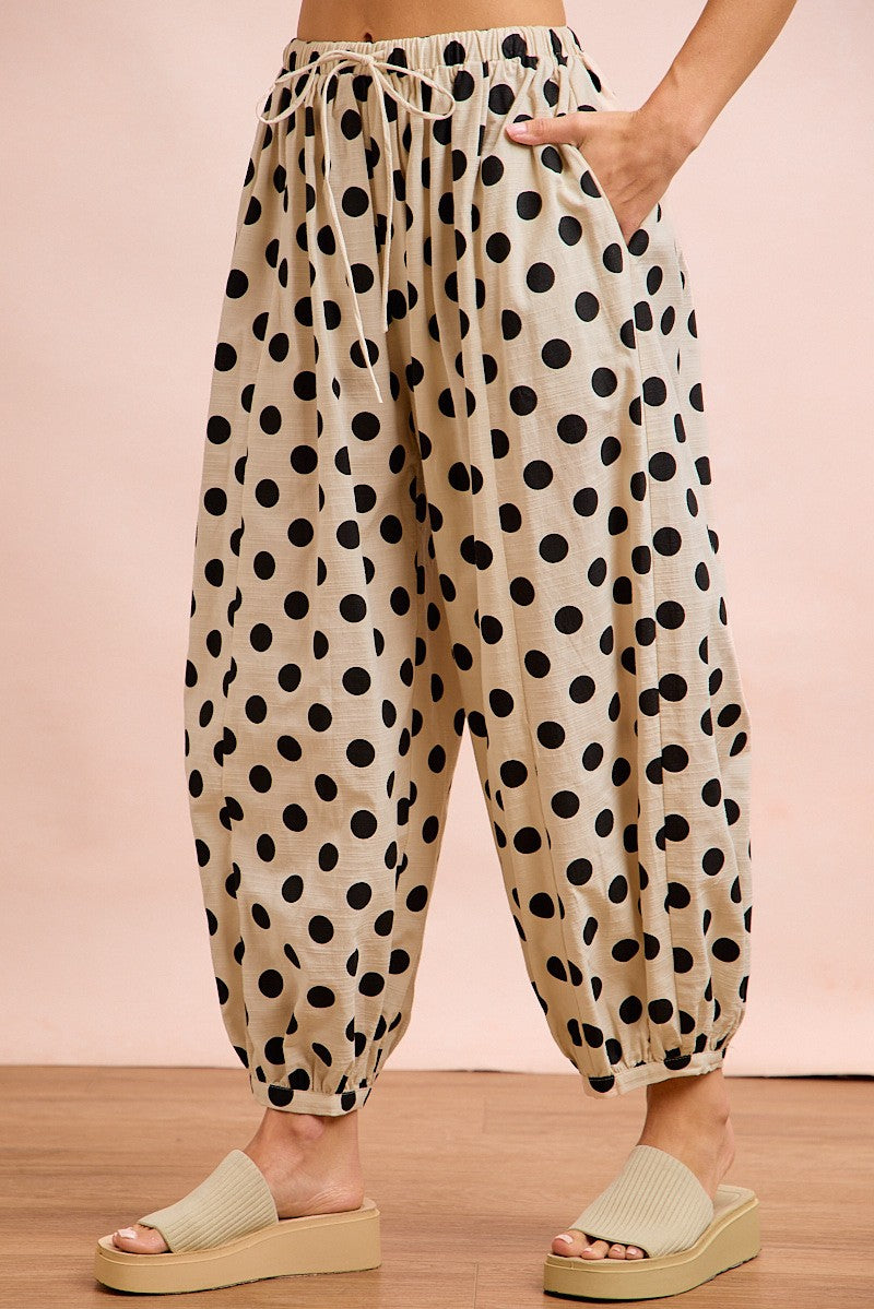 Polka Dot Printed Woven Elastic Waist Balloon Pants