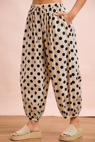 Polka Dot Printed Woven Elastic Waist Balloon Pants