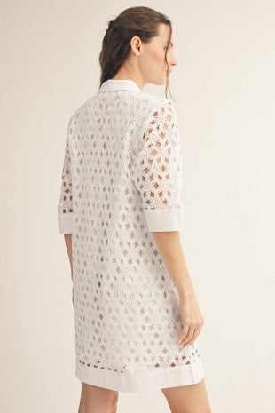 3/4 sleeves crochet shift dress with solid contrast, side pockets