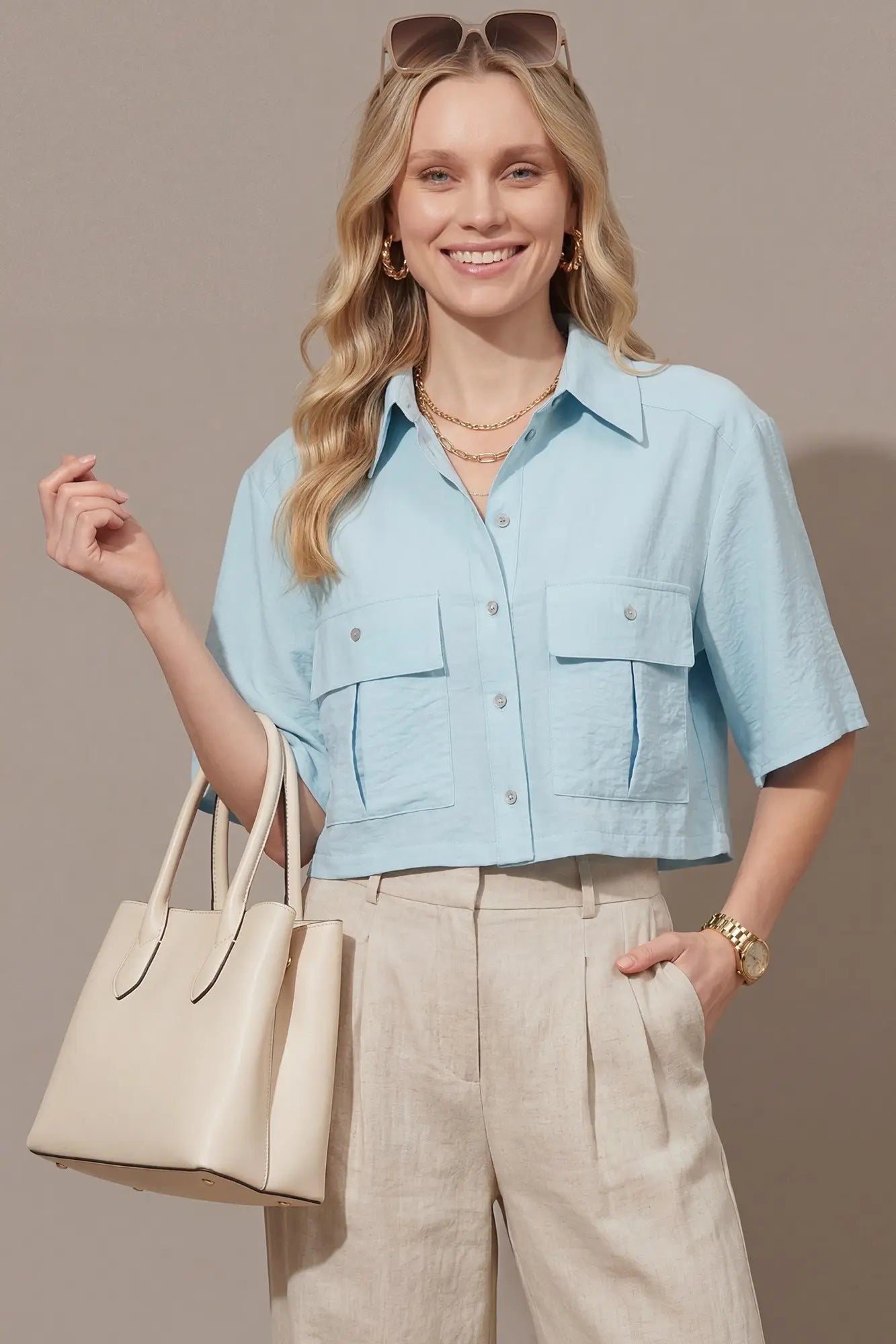 HALF SLEEVE WOVEN BUTTON DOWN CROP TOP WITH UTILITY POCKETS