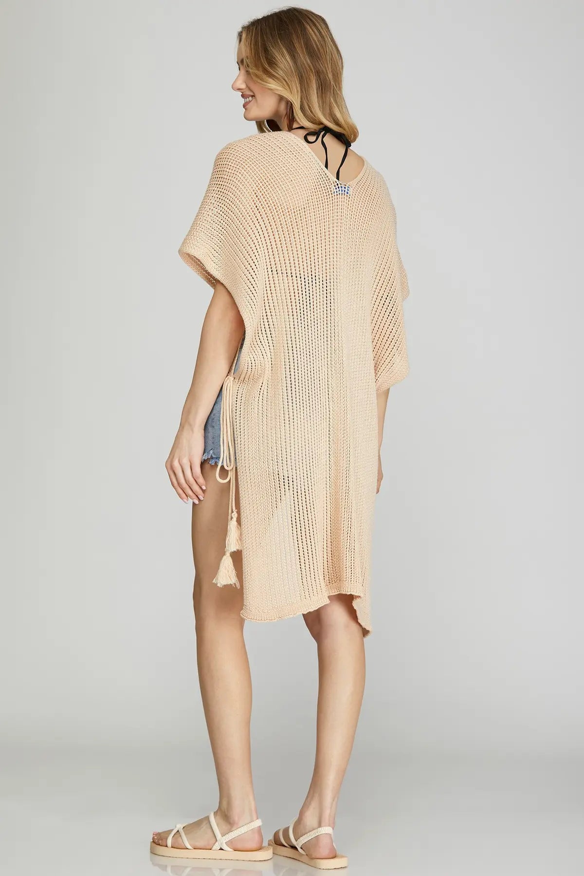 DROP SHOULDER SIDE TASEL TIE COVER UP TUNIC TOP