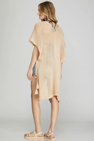 DROP SHOULDER SIDE TASEL TIE COVER UP TUNIC TOP