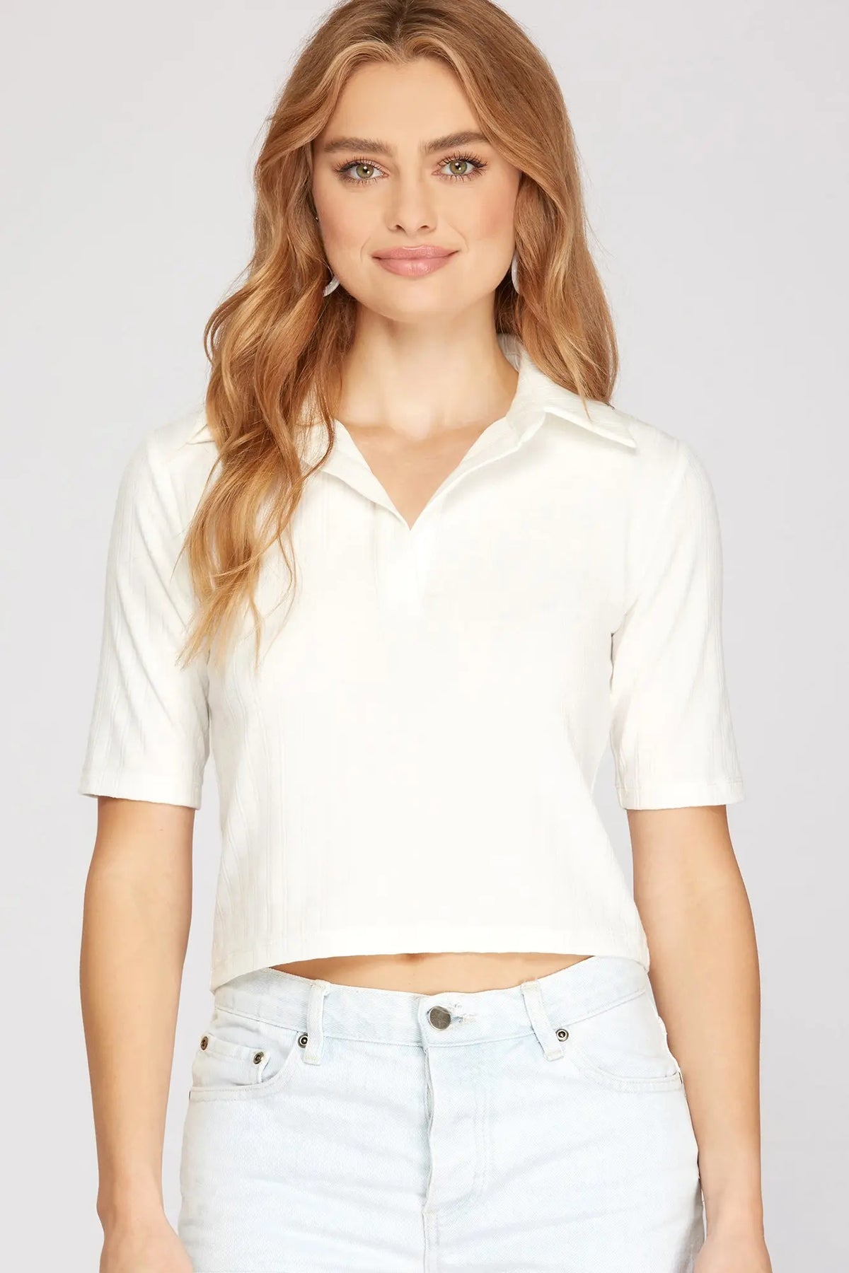 HALF SLEEVE COLLARED KNIT CROP TOP