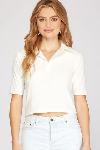 HALF SLEEVE COLLARED KNIT CROP TOP