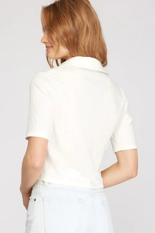 HALF SLEEVE COLLARED KNIT CROP TOP