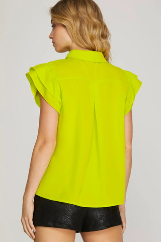 FLUTTER SLEEVE COLLAR BUTTON UP WOVEN TOP