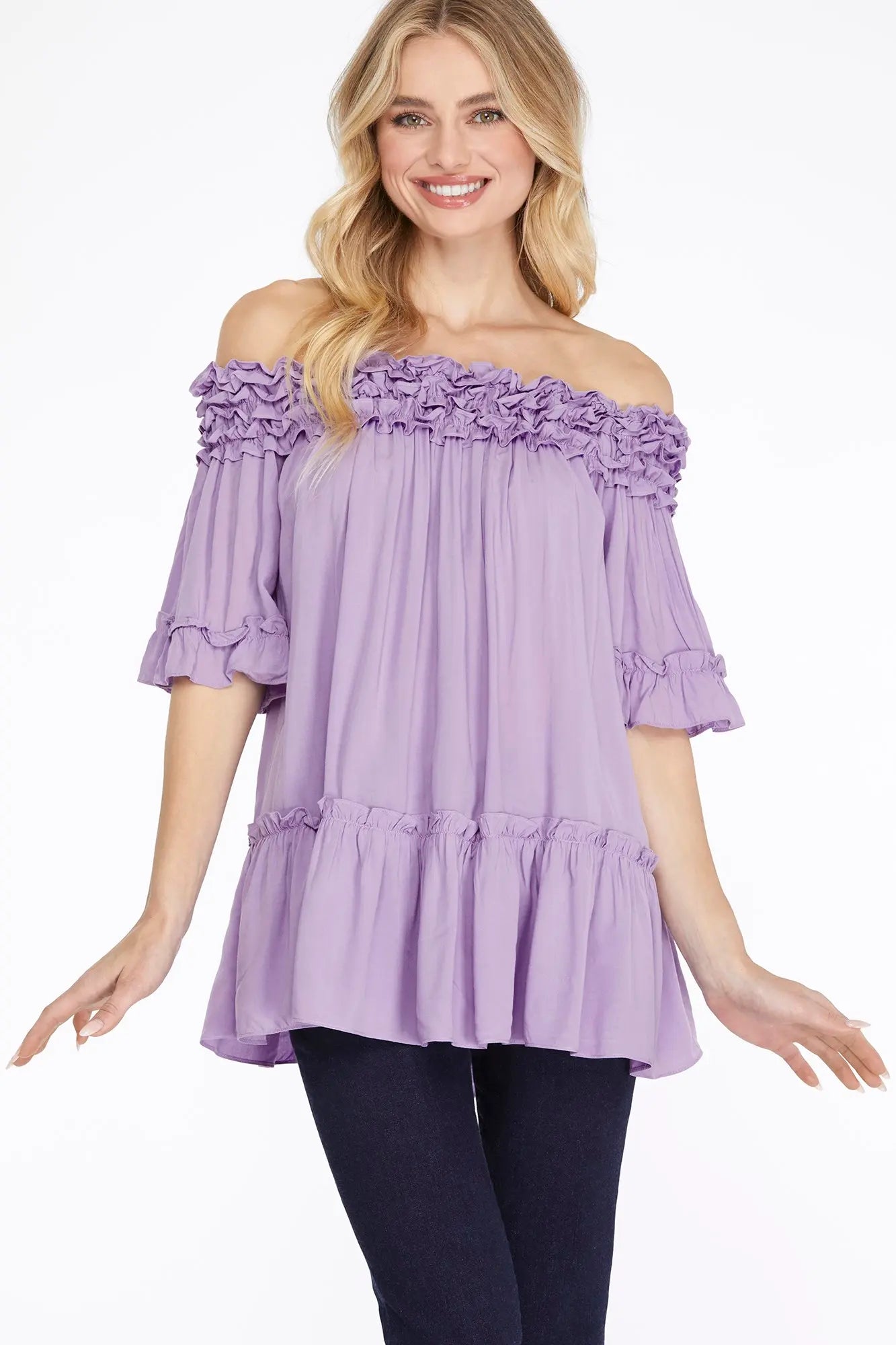 RUFFLE OFF SHOULDER TIERED TOP