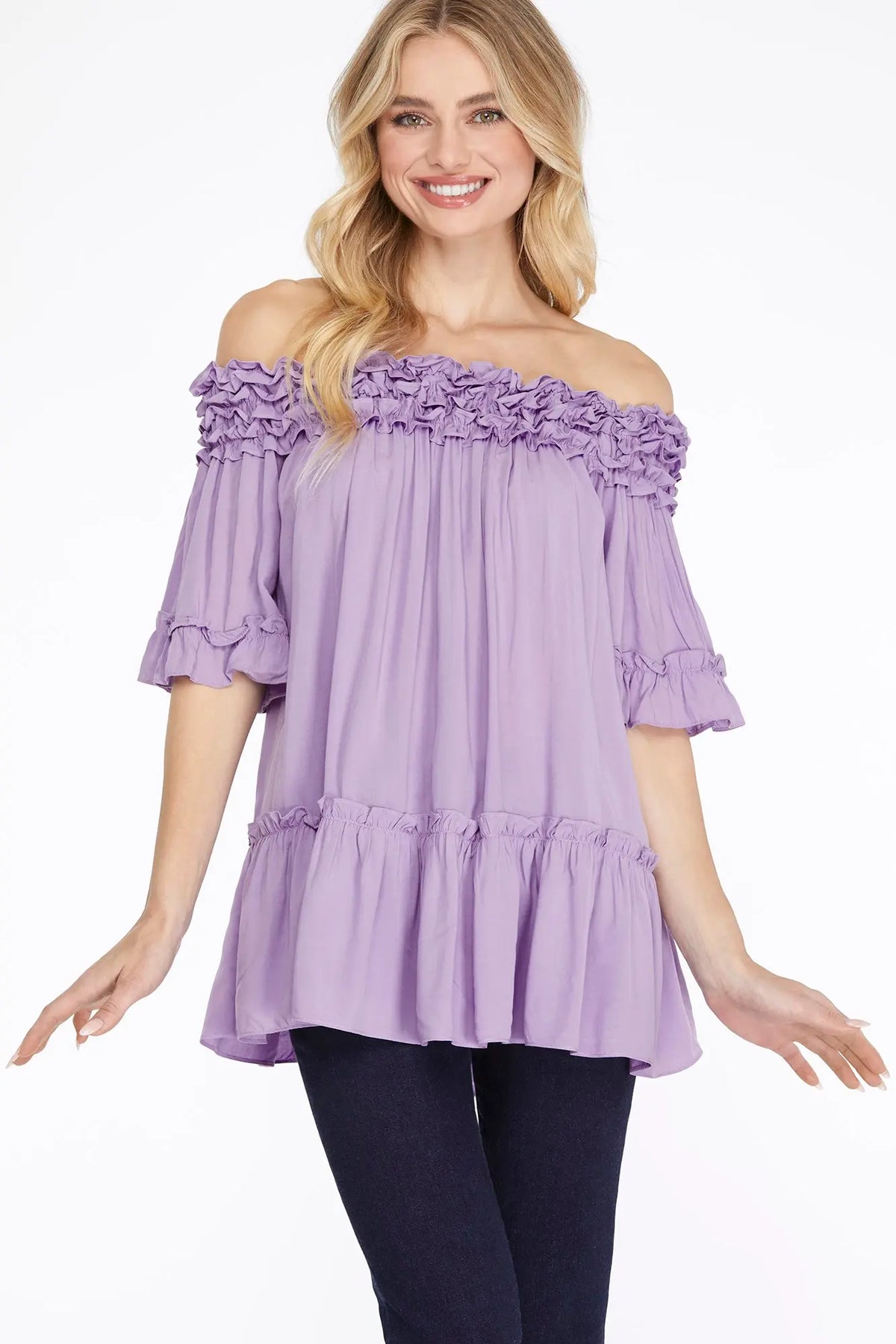 RUFFLE OFF SHOULDER TIERED TOP