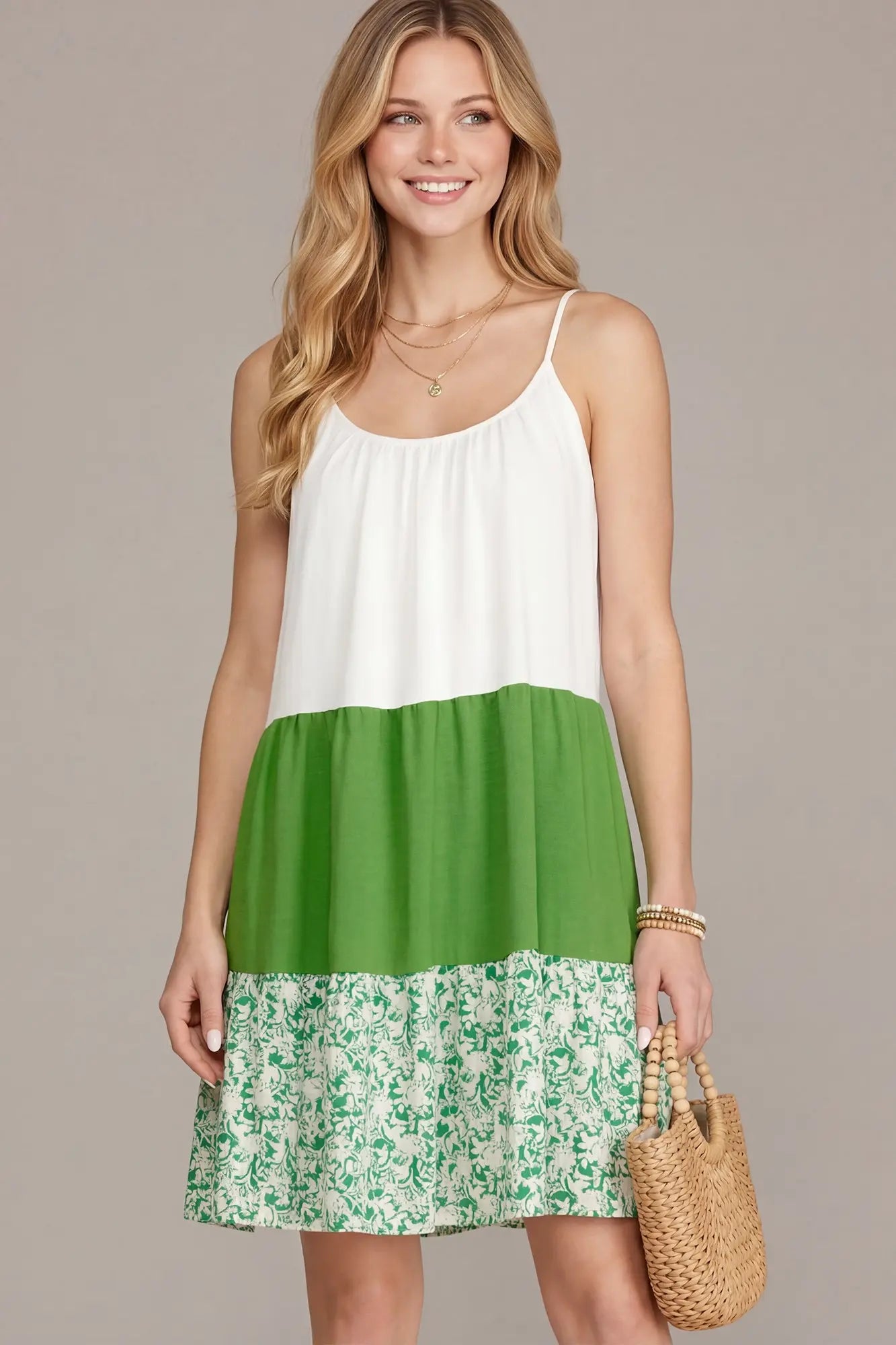 WOVEN COLOR BLOCK TIERED STRAP DRESS