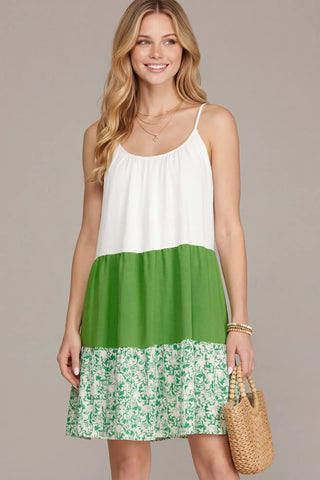 WOVEN COLOR BLOCK TIERED STRAP DRESS