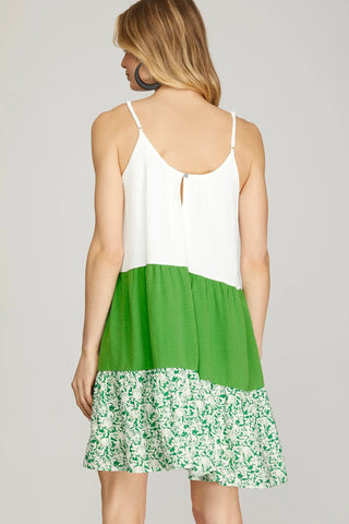 WOVEN COLOR BLOCK TIERED STRAP DRESS