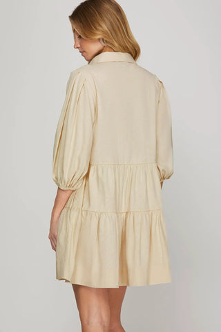 3/4 SLEEVE WOVEN COLLARED TIERED BUTTON DOWN SHIRT DRESS WITH POCKETS