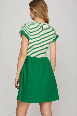 CONTRAST CAP SLEEVE STRIPED KNIT TOP AND WOVEN SKIRT COMBO MINI DRESS WITH POCKETS