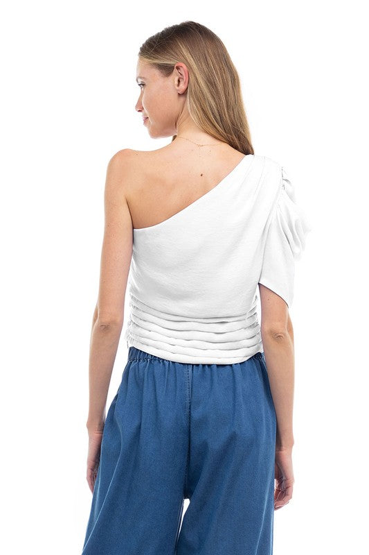 Puff Sleeve One Shoulder Shirred Top