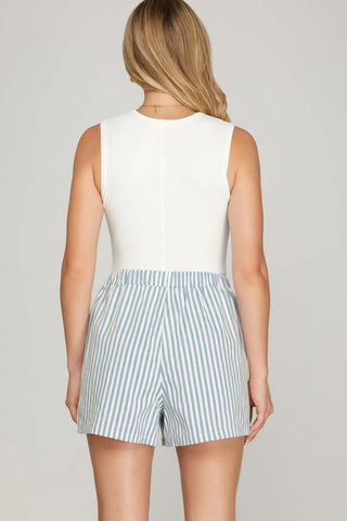 WOVEN STRIPED SHORTS WITH ELASTIC WAISTBAND AND POCKETS