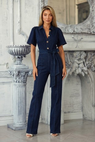 Denim Puff Short Sleeve Jumpsuit