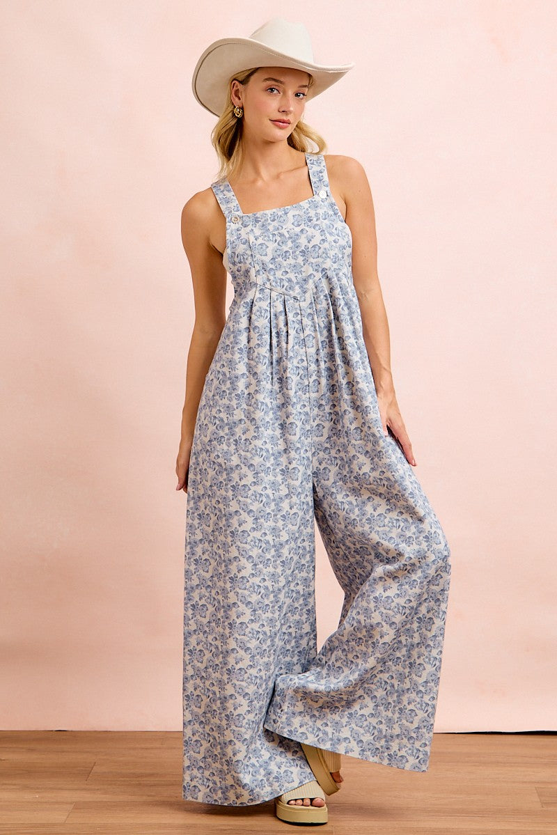 Washed Twill Flower Printed Overall With Front Pocket