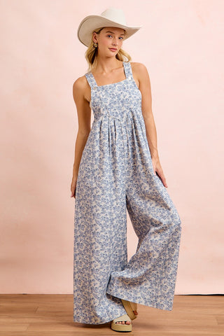 Washed Twill Flower Printed Overall With Front Pocket