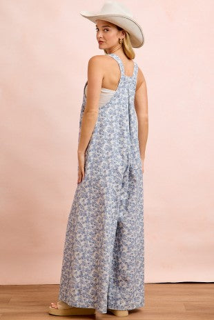 Washed Twill Flower Printed Overall With Front Pocket