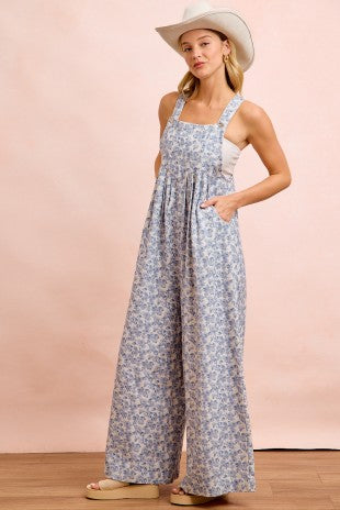 Washed Twill Flower Printed Overall With Front Pocket