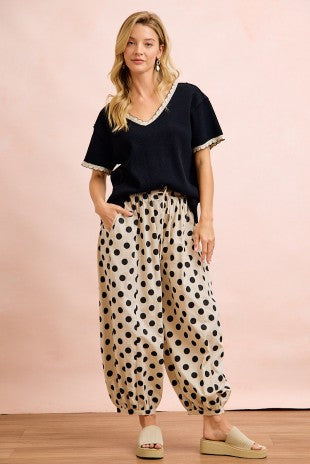 Polka Dot Printed Woven Elastic Waist Balloon Pants