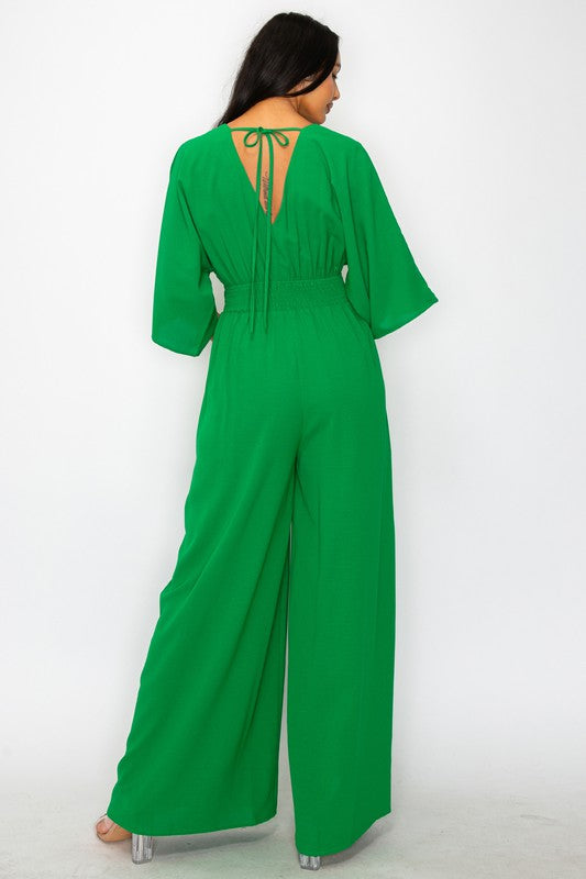Women Woven Solid 3/4 Sleeve V- Neck Jumpsuit with Pocket