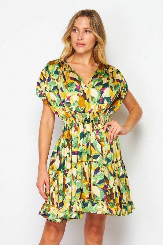 Women Woven Multi Leaf Color Print Sleeveless V-Neck Mini Dress