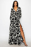 Women Woven Geometric Print Long Sleeve V-Neck Maxi Dress with Slit and Self Tie
