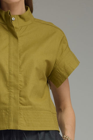 Solid short sleeve stand collar top