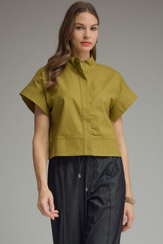 Solid short sleeve stand collar top